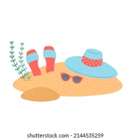 Hello summer set of elements on sand, vector illustration