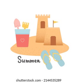 Hello summer set of elements on sand, vector illustration