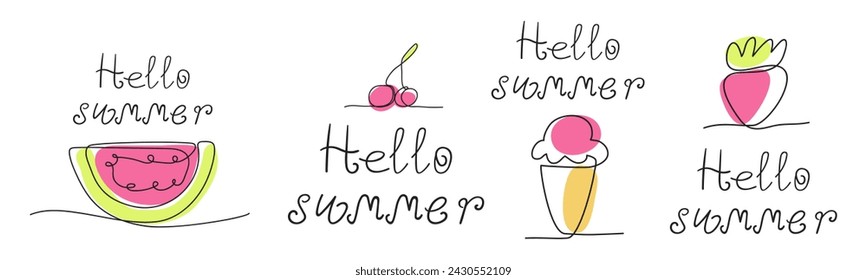 Hello summer. Set of elements. One line art drawing style. Hand drawn vector illustrations on white background.