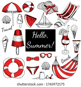 Hello summer! Set of equipment for sunbathing and sun tan on the beach. Vector hand drawn sketch illustration in doodle outline style. Concept of rest, vacation, tourism, travelling, children toys