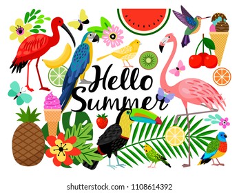 Hello Summer set with flamingo, parrot, ice cream and flowers