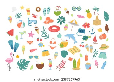 Hello summer. Summer set graphic elements in flat design. Bundle of swimsuit, hat, sun lounger, flamingo, dolphin, cocktails, palm leaves, shells and other. Vector illustration stickers.	
