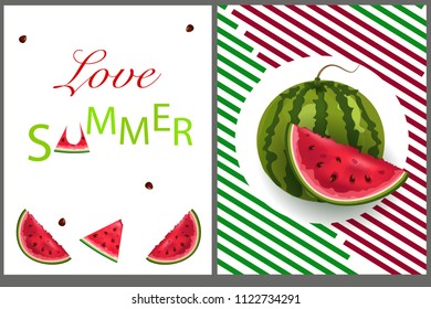 Hello summer.  set of greeting card lettering design with colorful watermelon fruit. Happy quote poster or beach party invitation. EPS10 vector.