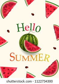 Hello summer.  set of greeting card lettering design with colorful watermelon fruit. Happy quote poster or beach party invitation. EPS10 vector.