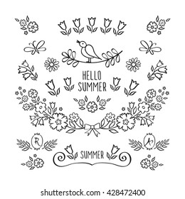 Hello summer. Set of hand drawn decorative elements. Elements for mother's day, birthday, wedding, easter. Doodles, sketch. Vector.