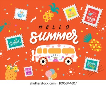 Hello summer Set, hand-drawn lettering.  Stamps with summer quotes and vector illustrations: Pool party, Summer party. For banners, greeting card, poster, summer sale season 