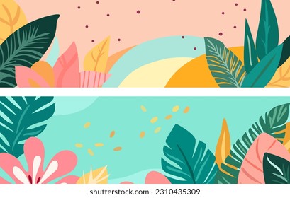 Hello summer. Set of horizontal summer banners with colorful tropical leaves, flowers. Relaxation concept. Templates are ideal for advertising, banners, websites, posters. Vector graphics.