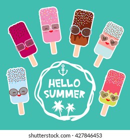 Hello Summer set ice cream, ice lolly Kawaii with sunglasses pink cheeks and winking eyes, pastel colors on light blue background. Vector