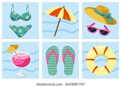Hello Summer. Set of summer icons with swimsuit, cocktail, umbrella, balon, hat and slippers. Vector images in flat style