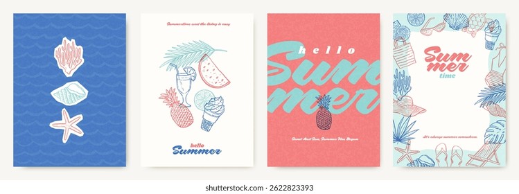 Hello Summer - Set of Minimalistic Vector Posters with Tropical and Marine Elements in Pastel Colors
