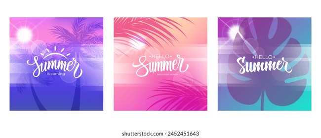 Hallo Sommerset. Sommerliche Hintergründe mit Palmblättern, Sommersonne und Handschrift für Sommersaison kreatives Grafikdesign. Vektorillustration.