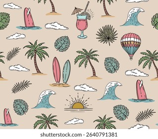 Hello Summer, set with surfboard, palm tree and wave, hand drawn illustration.	