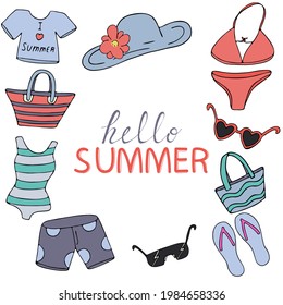 hello summer, set of things for the beach - swimsuit, towel, flip flops, bag, vector postcard, illustration with black outline