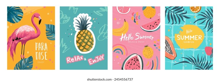 Hello summer. Set of vector postcards with illustrations of pink flamingo, tropical fruits and leaves. Fun hand drawn summer design elements.