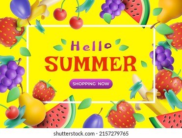 Hola Summer Shopping Now Ads Banner Concept Cartel con 3d Fruta de Plasticina y Berry . Ilustración del vector