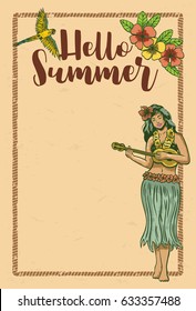 Hello summer sign board, Hula girl playing ukulele, vector