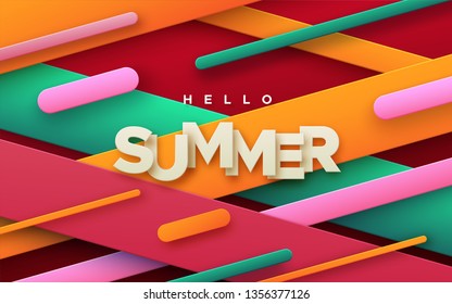 Hello summer sign. Modern cover design. Vector seasonal illustration. Abstract background with multicolored geometric shapes. Minimal composition with gradient strokes and ribbons