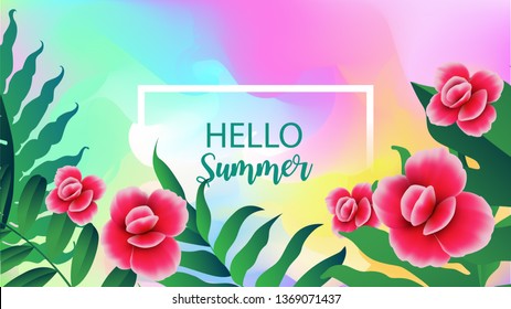 Hello summer sign text with tropical leaves over square frame art abstract watercolor background brush paint texture design. Vector illustration