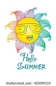 Hello Summer. Sketchy summer smiling sun.
