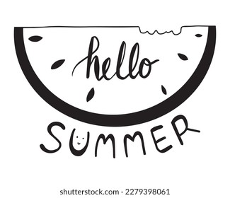 Hello summer with slice of watermelon and calligraphy vector illustration.