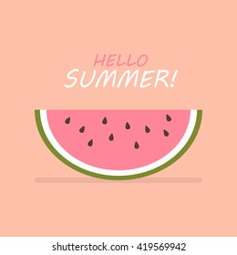 Hello summer with slice of watermelon. flat style greeting card