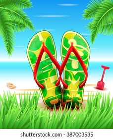 Hello Summer Slippers or Flip flops at the Beach with Blue sky Horizon in a Background. Vector Illustration
