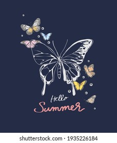 hello summer slogan with butterflies and diamond  illustration 