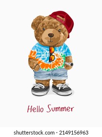 hello summer slogan with cute bear doll in summer tie dye fashion vector illustration svg