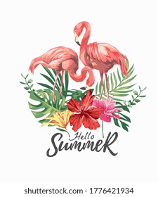 hello summer slogan with flamingo couple and hibiscus flowers illustration 