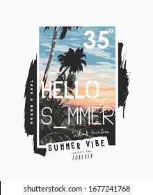 hello summer slogan on beach sunset background illustration