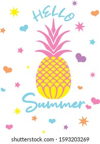 Hello summer slogan with pineapple for tshirt graphic vector print