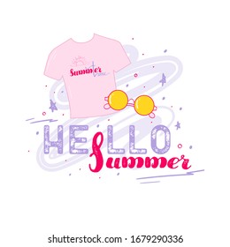 Hello summer slogan. T-shirts, glasses are hand drawn. Vector illustration for t-shirts , postcards and printed products.