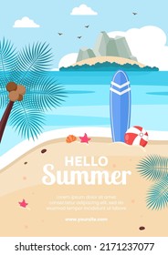 Hello Summer Social Media Flyer Template Flat Cartoon Background Vector Illustration