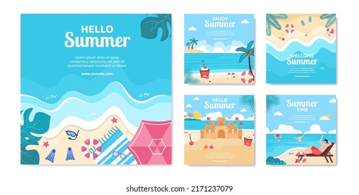 Hello Summer Social Media Post Template Flat Cartoon Background Vector Illustration