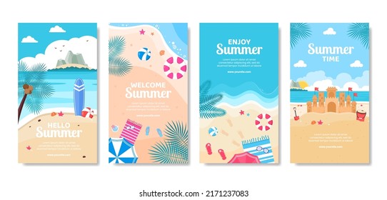 Hello Summer Social Media Stories Template Flat Cartoon Background Vector Illustration