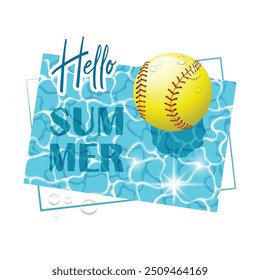 Olá, Summer. Superfície de água solar com uma bola de softball e gotas de água. Vista de cima. Ilustração vetorial.