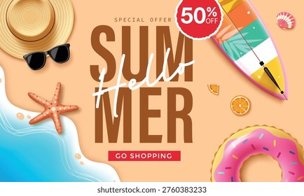 Hello Summer Special Offer Banner with Surfboard Inflatable Ring Summer Hat and Beach Accessories