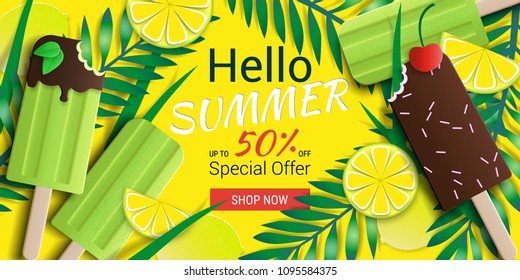 Hello summer special offer template. Vector stock illustration with ice cream, ice lolly, tropical leaves, limes and cherry. Summer illustration for banner design, poster and voucher. 