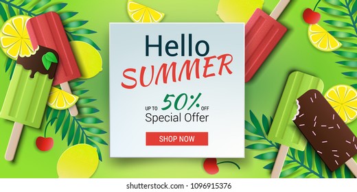 Hello summer special offer template. Vector stock illustration with ice cream, ice lolly, tropical leaves, limes and cherry. Summer illustration for banner design, poster and voucher.