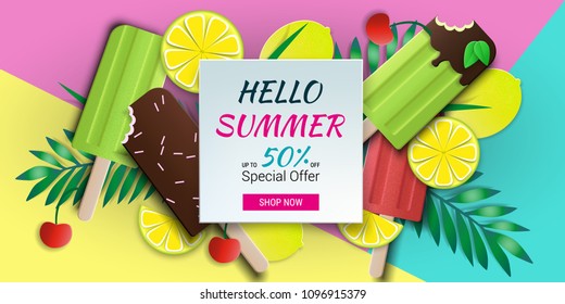 Hello summer special offer template. Vector stock illustration with ice cream, ice lolly, tropical leaves, limes and cherry. Summer illustration for banner design, poster and voucher.