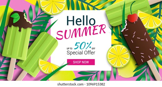 Hello summer special offer template. Vector stock illustration with ice cream, ice lolly, tropical leaves, limes and cherry. Summer illustration for banner design, poster and voucher.