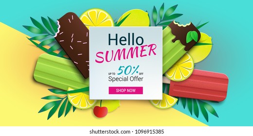 Hello summer special offer template. Vector stock illustration with ice cream, ice lolly, tropical leaves, limes and cherry. Summer illustration for banner design, poster and voucher.