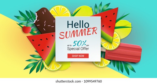 Hello summer special offer template. Vector stock illustration with ice cream, ice lolly, tropical leaves, limes and cherry. Summer illustration for banner design, poster and voucher.