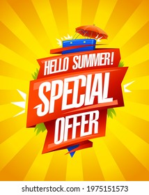 Hello summer special offer - vector sale banner template with ribbon, paper bag and sun umbrella