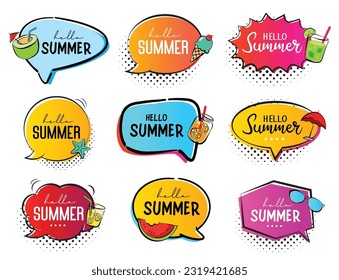 Hello summer speech banner template. Holiday sticker tag set.