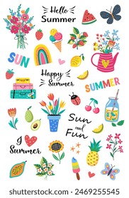 Hello Summer and Spring collection. Vector illustration of colorful funny cute doodle summer symbols, such as flamingo, ice cream, palm tree, flowers, cactus. isolated on white background