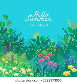 Hello summer square background. Beautiful garden. Poster, banner or cover design template. Hand drawn vector illustration