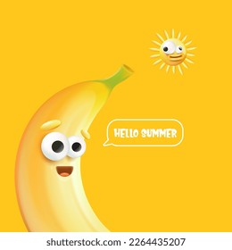 Hello summer square banner with cartoon sun and funky banana character isolated on summer orange background. Vector 3d horizontal hello summer scene, poster, clip art, banner and background