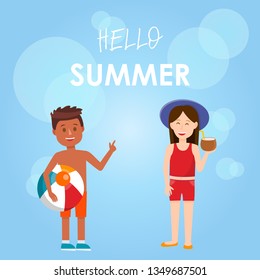 Hello Summer Square Banner. Cute Little Kids in Swimsuit Stand on Blue Blurred Background. Tanned Boy Hold Beach Ball. Girl Drink Coconut Cocktail. Summertime Vacation Cartoon Flat Vector Illustration