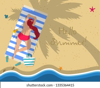 Hello Summer Square Banner. Top View of Young Woman in Red Topless Bikini Lying on Beach Towel Under Palm Tree. Flip Flops, Footprint, Wavy Sea Side. Attractive Girl Cartoon Flat Vector Illustration